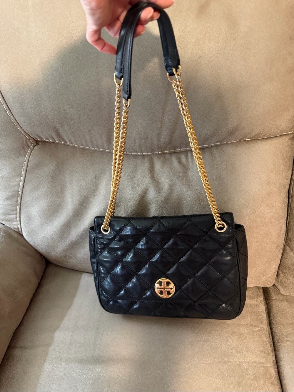 Tory Burch Black Quilted Leather Shoulder Bag OR crossbody with Gold Hardware